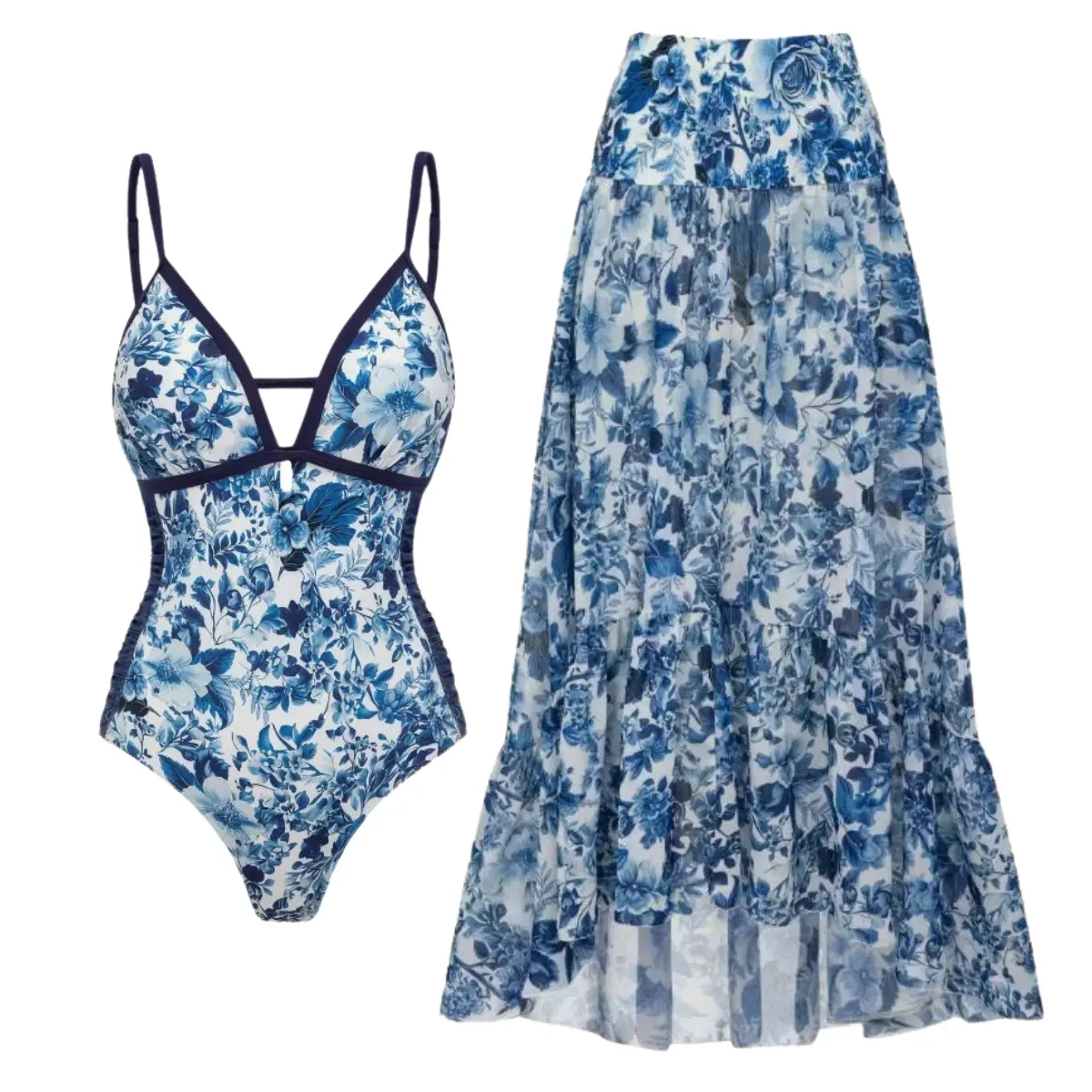 FLAXMAKER Women's V Neck Blue Blossom Print One Piece Swimsuit and Matching Cover Skirt Set Swimdress Stylish Beachwear Bathing Suit #Summervibes outdoorfun #SwimWeek