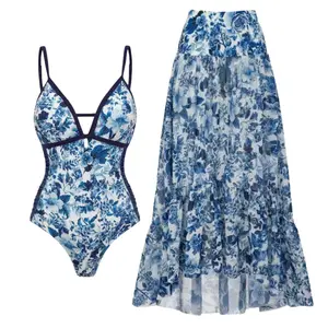 FLAXMAKER Women's V Neck Blue Blossom Print One Piece Swimsuit and Matching Cover Skirt Set Swimdress Stylish Beachwear Bathing Suit #Summervibes outdoorfun #SwimWeek