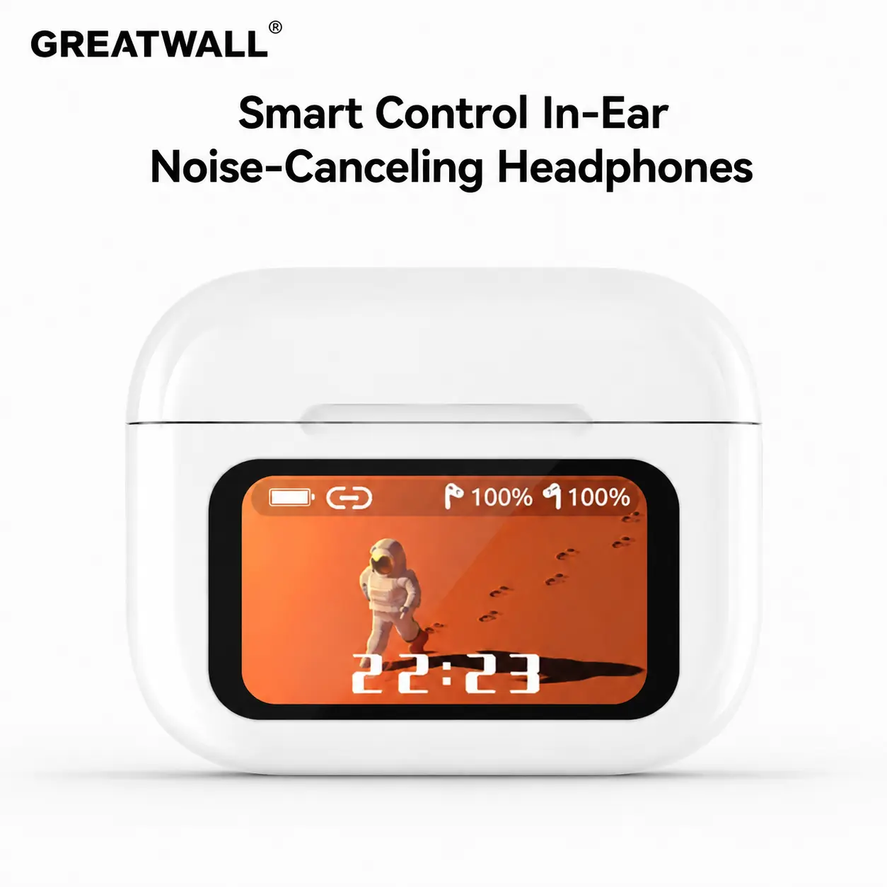 Greatwall Smart Screen Bluetooth Earbuds with Touch Display, ANC Noise Cancelling, Music & Camera Control, Compatible with iPhone Android