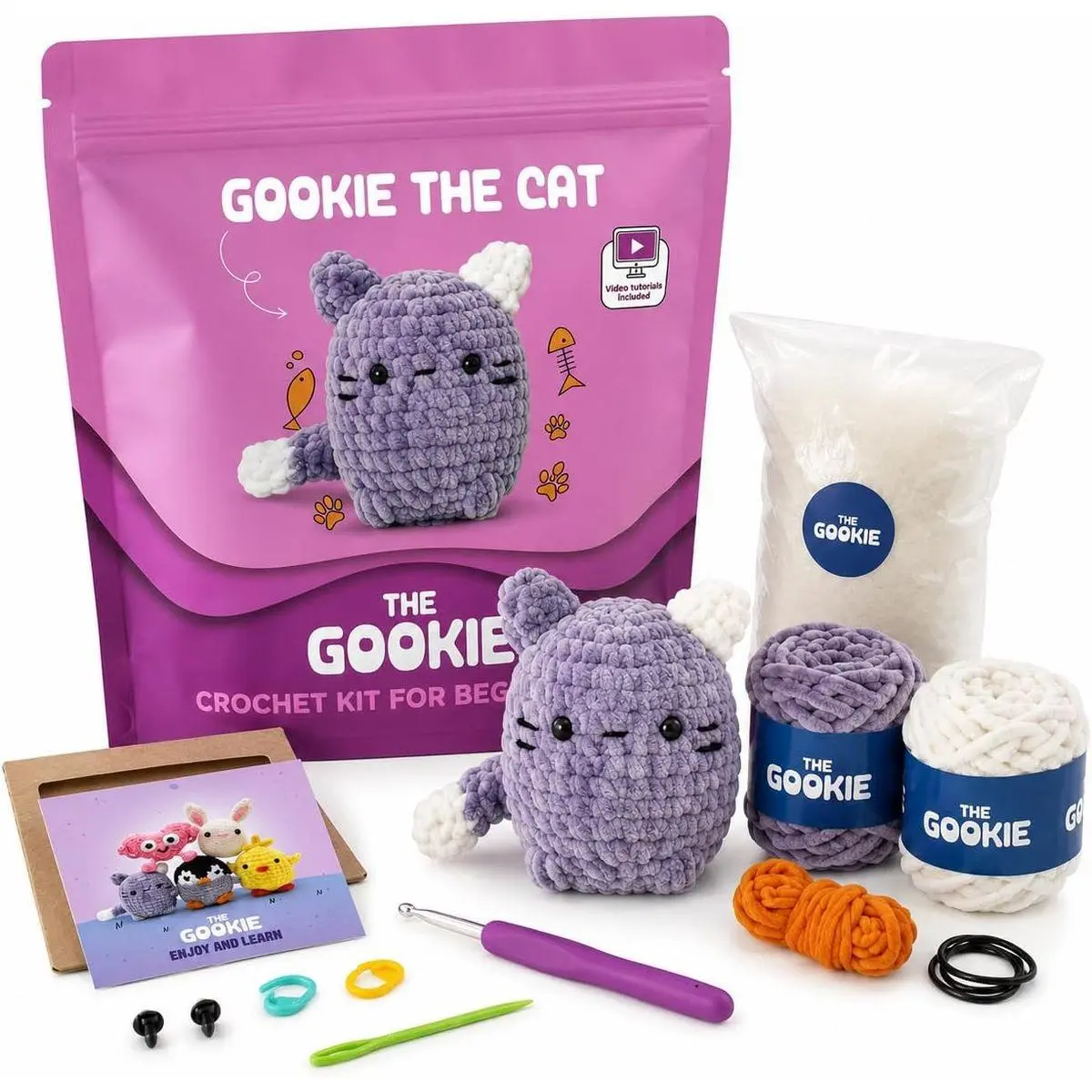 Crochet Kit for Beginners - All-in-One Amigurumi Kit with Yarn, Hook, Safety Eyes, Stuffing & Step-by-Step Tutorial for Adults & Teens (Cat)