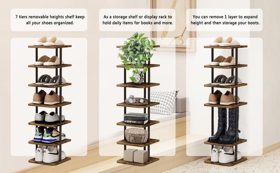 Shoe Rack 7 Tier Vertically Adjustable Storage Organizer Narrow Metal Ultra-thin Shelf, Modern Independent Shoe Tower, Saves Space in The Wardrobe Entrance and Bedroom, Simple Structure, Easy Assembly, Screw Fastening, Safe and Stable Deals For You Days