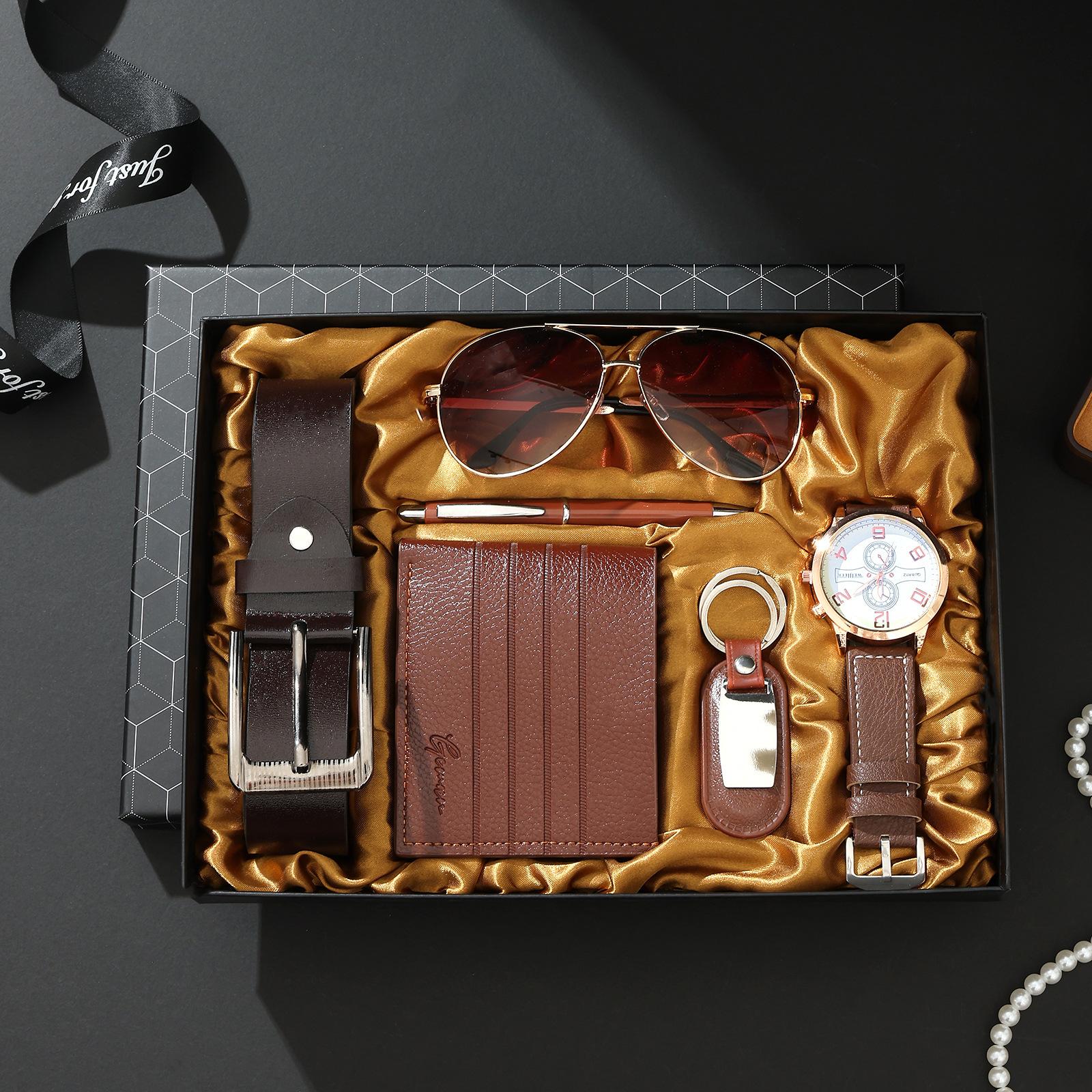 Luxury Gift Set for Men (Seven Pieces): Watch, Glasses, Pen, Keychain, Belt, Wallet - Perfect for Holidays and Birthdays