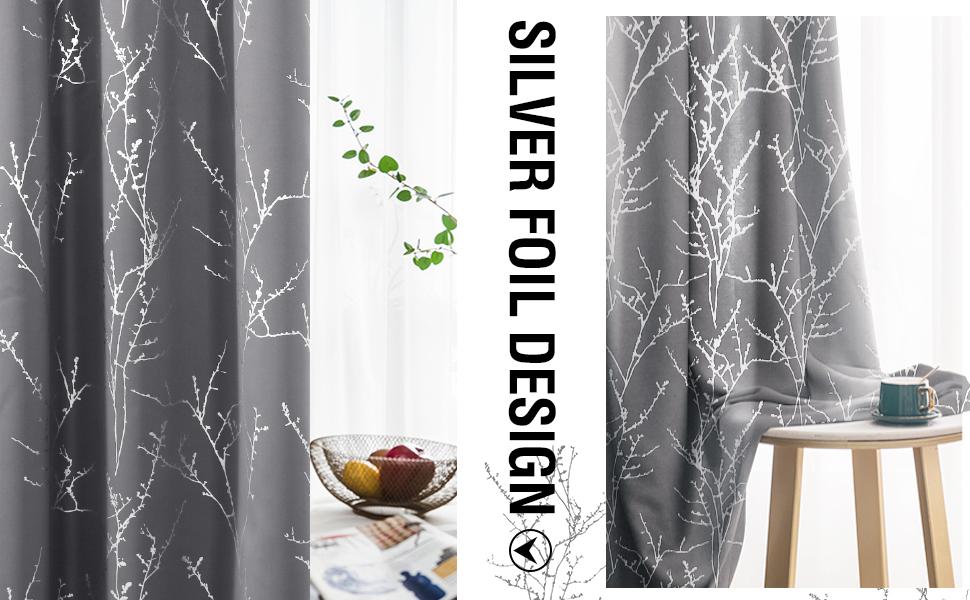 H.VERSAILTEX Blackout Curtains 2 Panels for Bedroom Foil Print Twig Tree Branch Thermal Insulated Grommet Curtain Drapes Light Blocking Thick Soft Window Curtains for Living