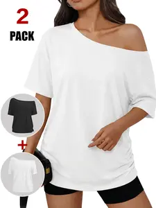 TFNOSIZE 2PACK-Women’s Essential Layering Short-Sleeve Off-Shoulder Loose T-Shirt — New Sexy Asymmetric Shoulder Design, Casual Street Style, Spring/Summer Fashion Staple, Comfortable, Simple, Breathable, Versatile Everyday Tee