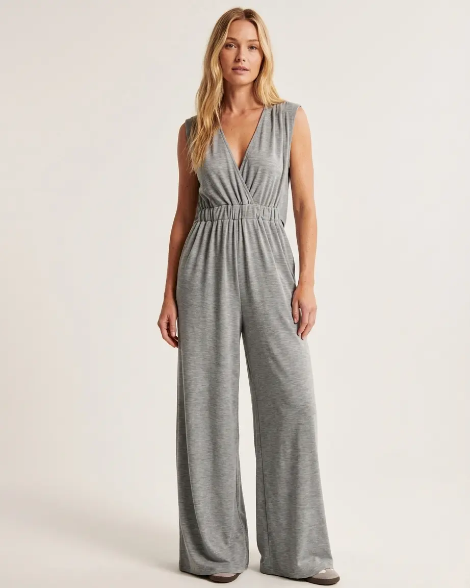 Elengatine Women Sleeveless V Neck Wide Leg Jumpsuit with Pockets, Elastic Waist Casual One Piece Romper, Soft Lightweight Loose Fit Lounge Jumpsuit for Summer Vacation, Travel, Beach, Daily Wear & Relaxed Street Style Outfit