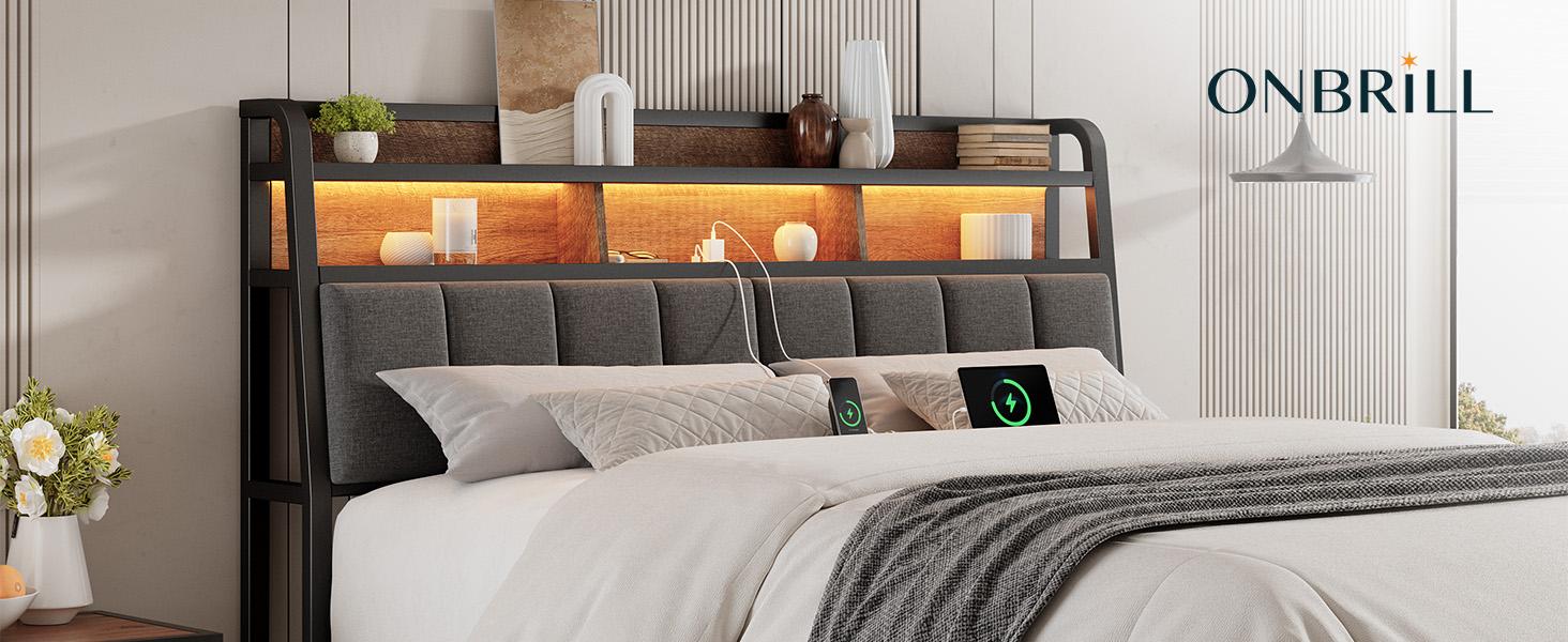 【SPOTLIGHT DAY】ONBRILL Queen/King Size Headboard with 2-Tier Storage, Uphlstered Headboard with LED Light & USB Ports,【HeadBoardOnly】, Height Adjustable, Sturdy and Stable