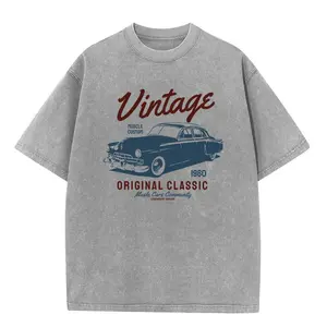 Vintage Muscle Car Graphic Acid Wash Cotton Tee, Retro Automotive Streetwear Shirt with Soft Feel for Urban Style, Daily Casual Wear, Street Outings and Classic Car Fans