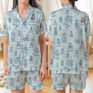 New 2026 Womens Hippopotamus AOP Satin Short-Sleeve Pajamas Set, Cute Hippo Print Sleepwear for Women, Funny Animal Lover Loungewear Gift