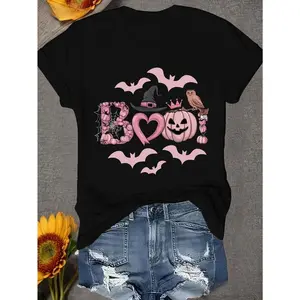 Spooky - chic Tee for Halloween: Adorable "BOO!" Graphic with Bat and Pumpkin Elements