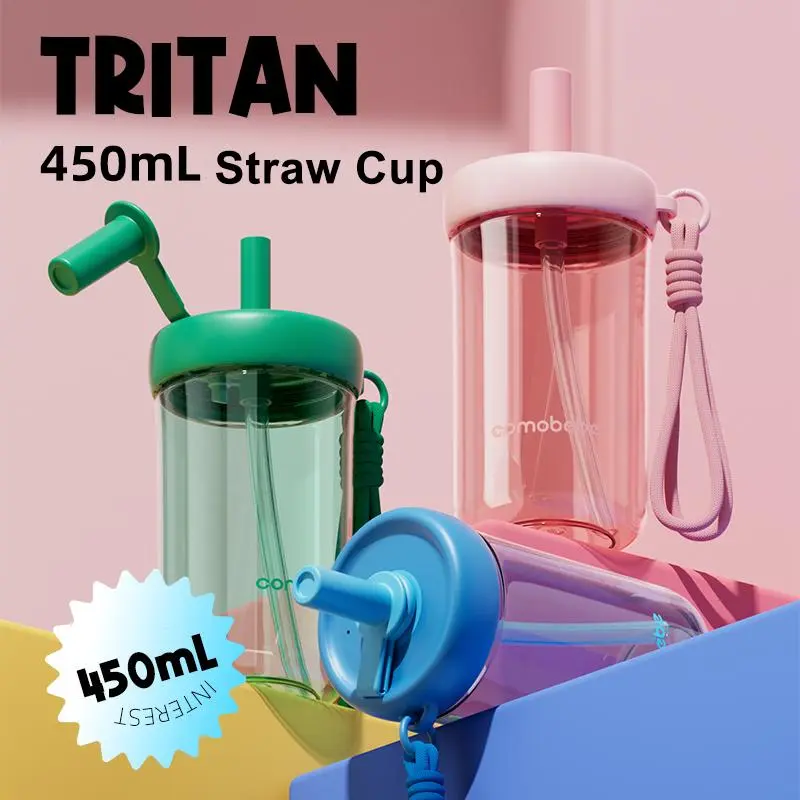 COMOBEBE 15oz Leakproof Sippy Cup with Strap - Dishwasher Safe & BPA-Free Tritan - Hygienic Silicone Straw - Portable Water Bottle for Home & Travel