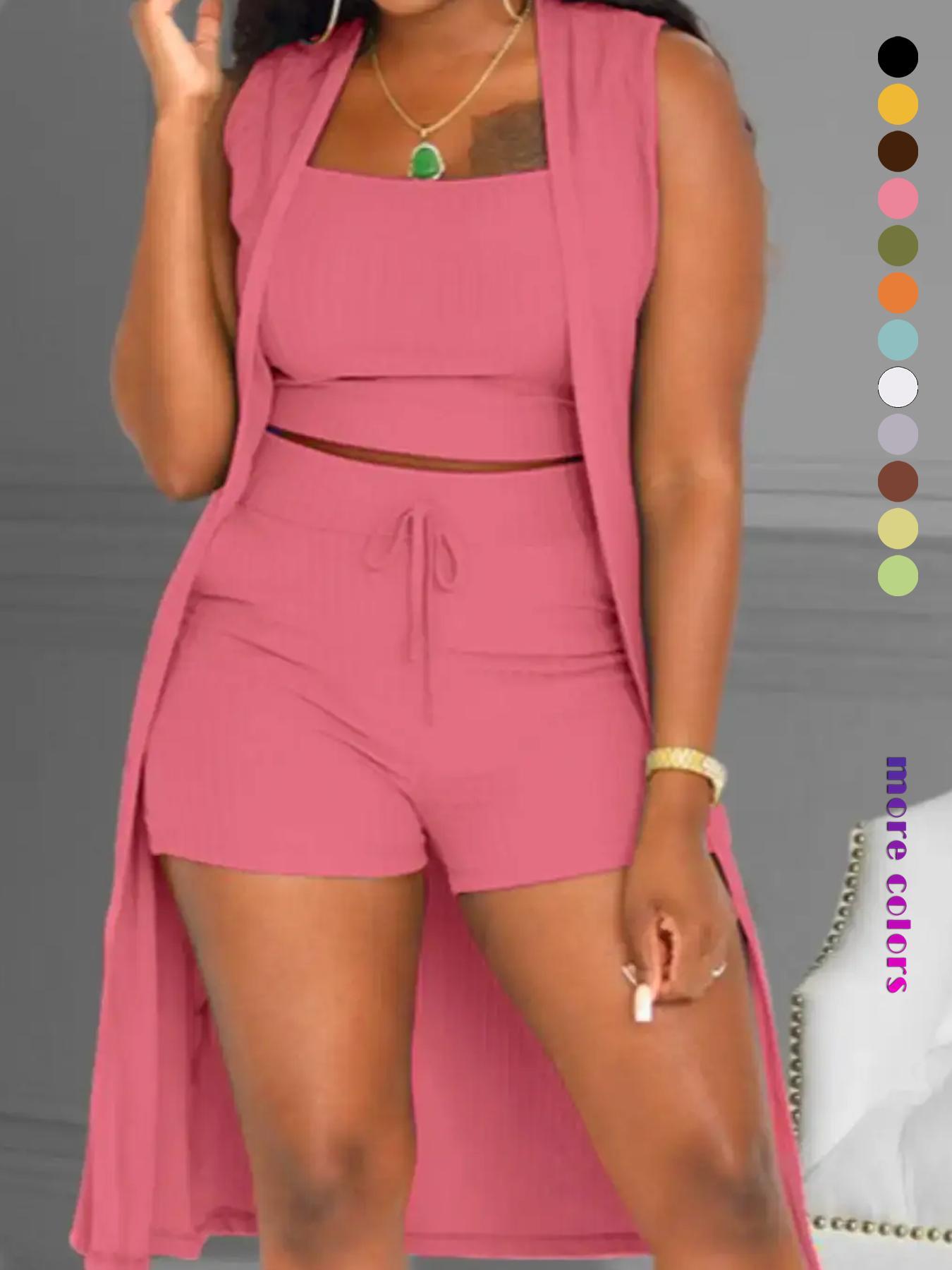 Three-Piece Set Women's Solid Ribbed Co-ord Set, Casual Crop Tank Top & Drawstring Waist Shorts & Vest Coat Set for Daily Wear, Summer Clothes, Women's Clothing