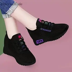 Breathable Knit Wedge Sneakers for Women - Comfortable Height Boost, Non-Slip Soft Sole, Versatile Casual Shoes with EVA Insole and PVC Outsole, Black with Colorful Accents
