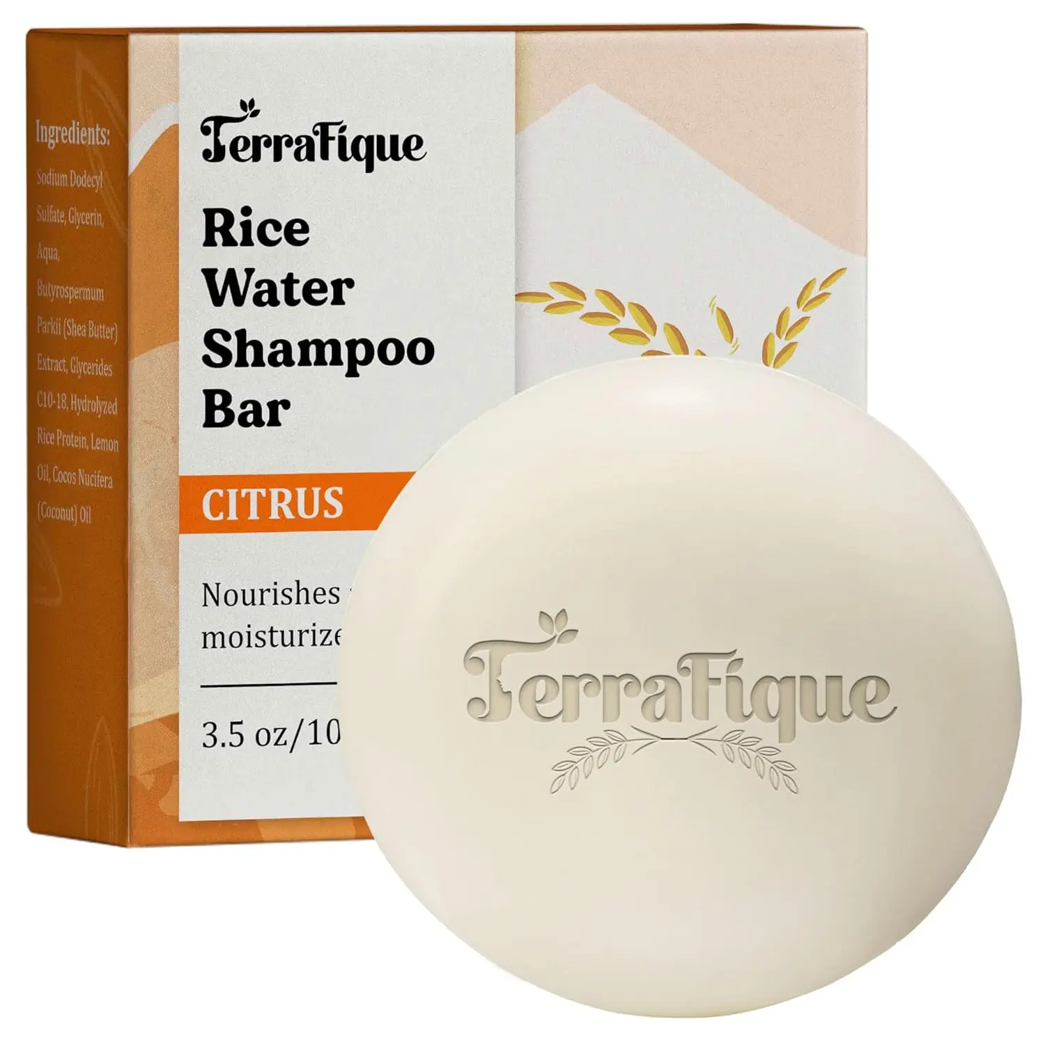 Terrafique Rice Water Shampoo Bar - Citrus Scent - Rice Shampoo Bar with Cocoa Butter - Rice Shampoo Bars For Hair Growth - Shea Butter Bar - 3.5 Oz / 100 G Cleansing Conditioner