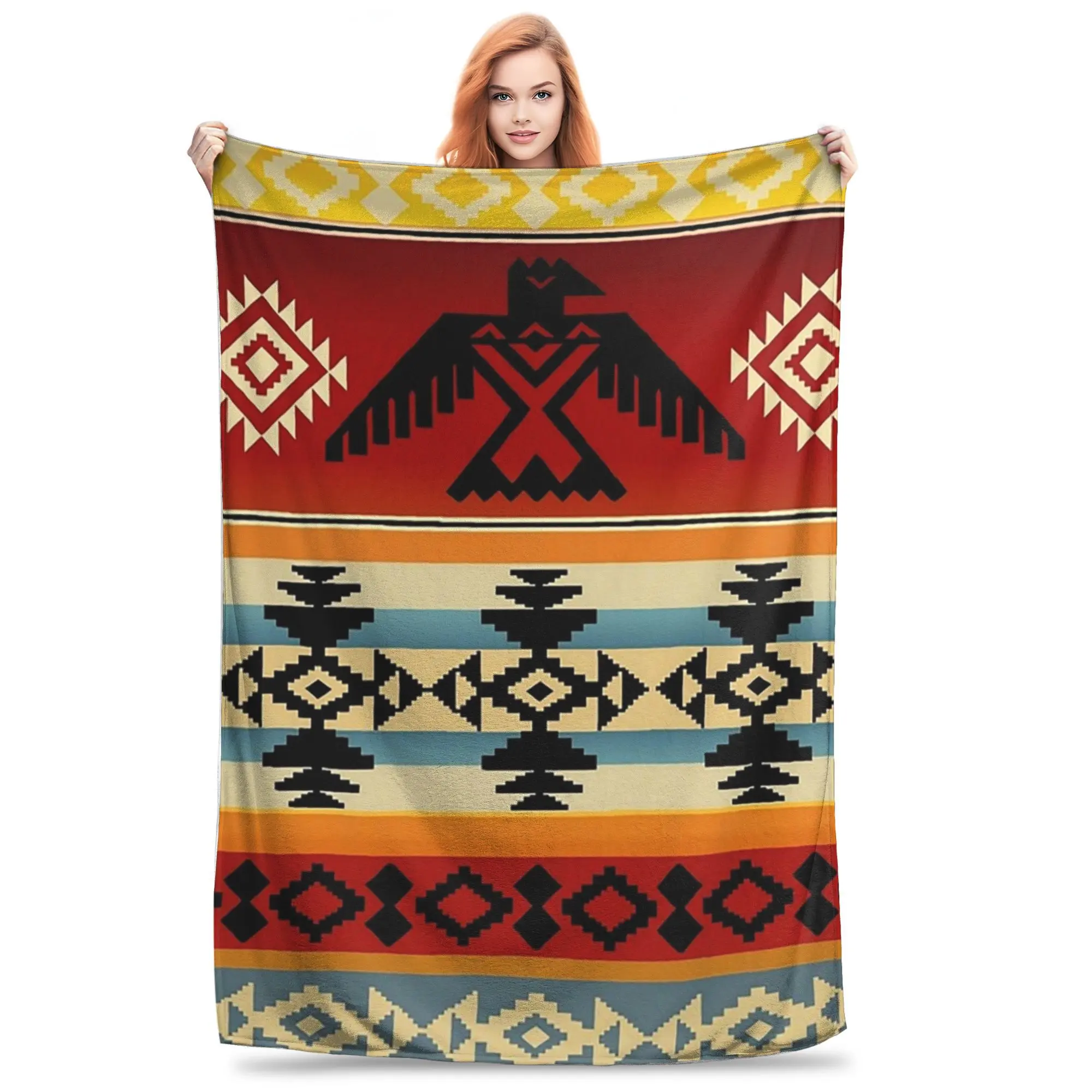 Thunderbird Native Print Flannel Throw Blanket - Cultural Motif, Flannel Texture, Soft Warm, Plush for Bed, Living Room Use