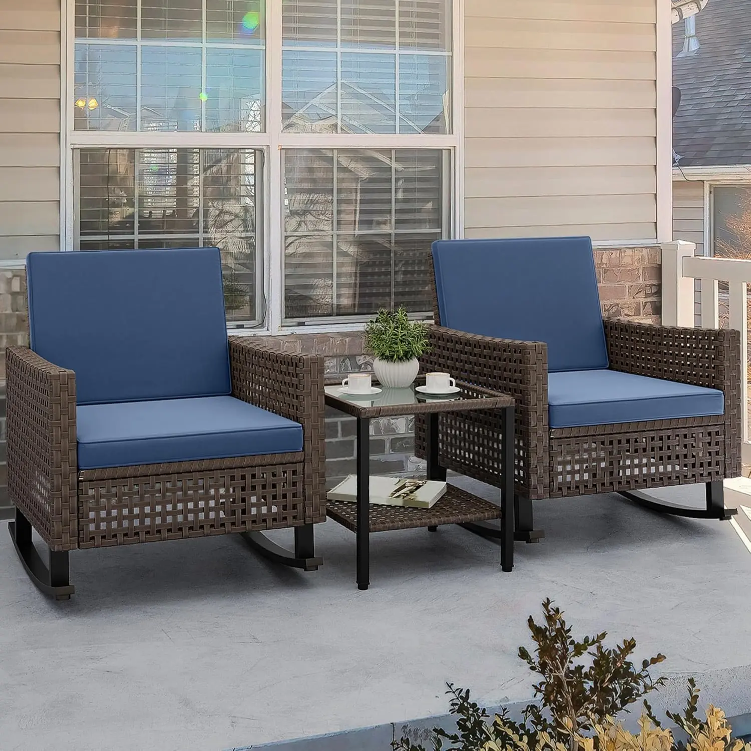 YITAHOME 3 Pieces Patio Wicker Rocking Chair Set, Outdoor Patio Furniture Set with Rattan Side Table, Thickened Cushions, Rocker Patio Chairs Set for Porch, Poolside, and Yard, Blue