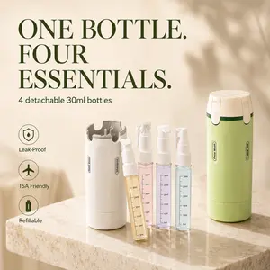 4-in-1 Travel Refill Bottle Set, 4 x 30ml Portable Toiletry Dispenser, Refillable Reusable Leak-Resistant Container for Personal Care Liquids, Shower Essentials, Daily Essentials, Liquid Soap, Cream, Vacation, Hotel, Carry On