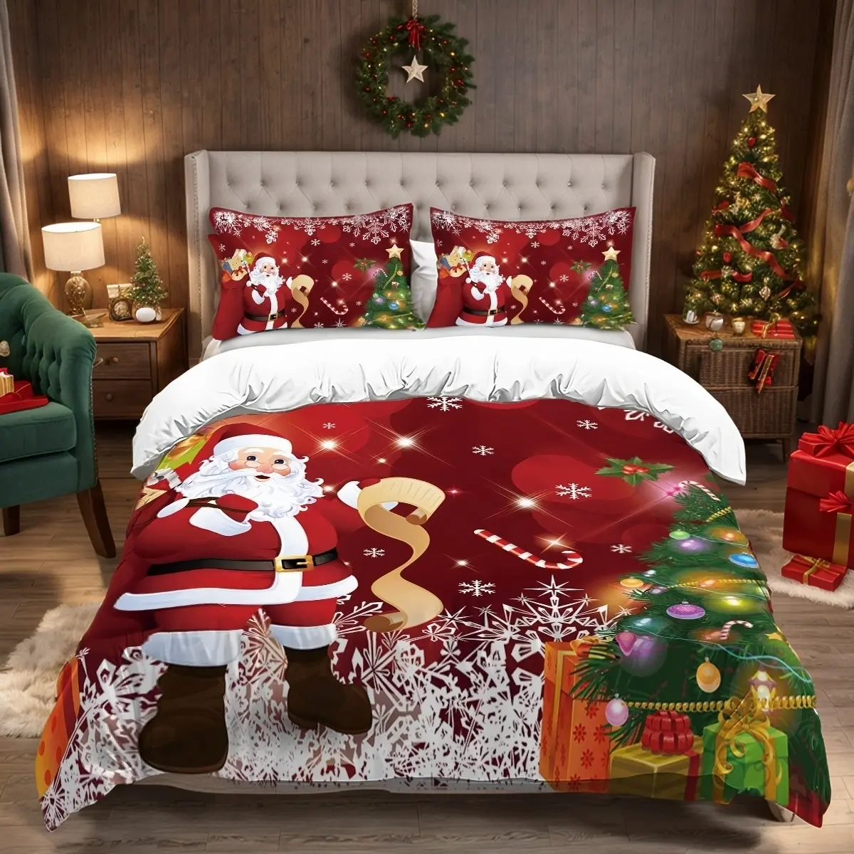 3pcs Merry Christmas Decorative Bedding Set, Duvet Cover & Pillowcases, Holiday Santa Claus Design, Snowflake Print Kit, Perfect Home Decor