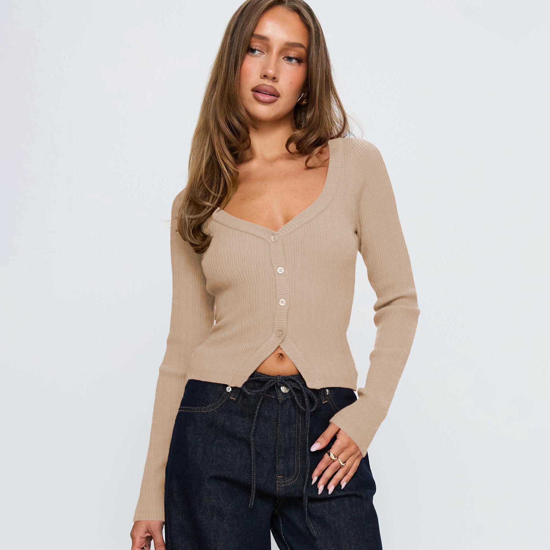 FAIABLE Women's Button Long Sleeve Cardigans Open Front Knit V Neck Cropped Sweaters Slim Fit Stretchy Shirt Soft Lightweight Layering Blouse Casual Elegant Tops Chic