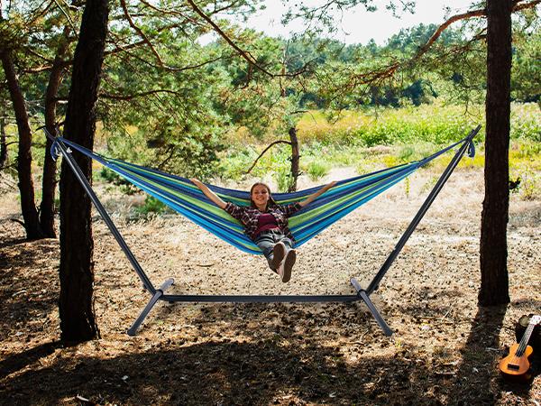 Double Hammock, Space-Saving Attached Carry Bag, Heavy-Duty Steel Frame, 450 Lb. Load Capacity, Easy To Assemble, For Patio, Park, Outdoors