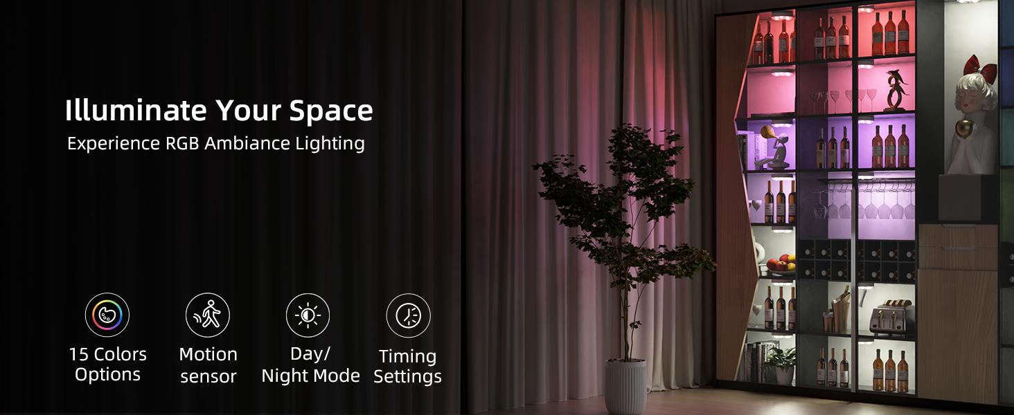 EZVALO Under Cabinet Lighting 1000mAh Rechargeable Puck Lights with Remote 3 Color Temps & 12 RGB Motion Sensor Closet Lights Indoor Dimmable Magnetic Under Counter Lights for Kitchen Shelf Home Decor Energy Saving - Living Room Usb Power Lamp