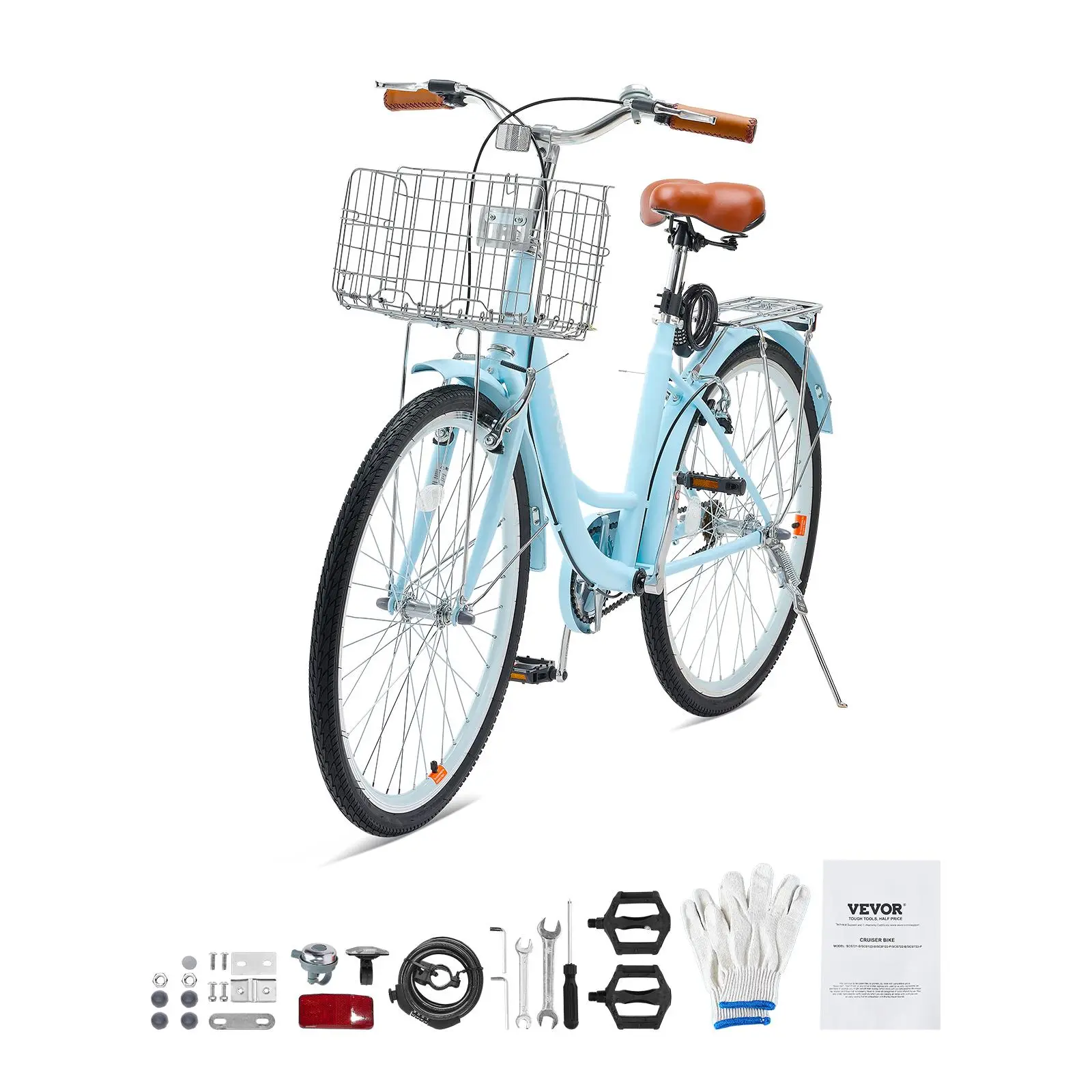 VEVOR 26-Inch Cruiser Bike 1-Speed Light Blue Beach Cruiser Bike with Basket