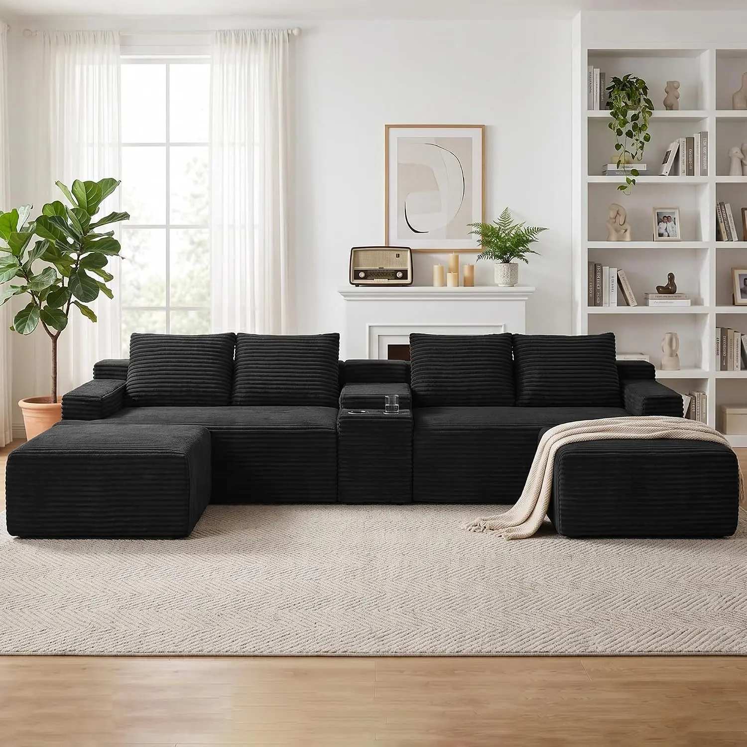 Oversized Black Corduroy Modular L-Shaped Sectional Sofa Set with Ottoman, Cup Holders, Deep Seat, Convertible Block Fit - Sturdy Indoor Sofa, Multi-Piece Free-Combining Living Room Furniture for Big Families, Modern Minimalist Design, Black Sofa Set