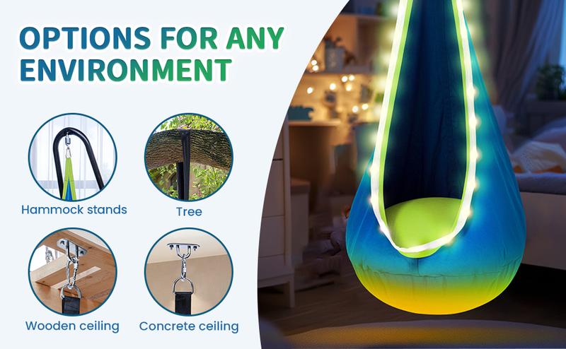 Christmas Gift for 3+Years Old,Pod Swing with LED Lights & Inflatable Pillow, Hanging Hammock Swing for Indoor & Outdoor, Sensory Chair