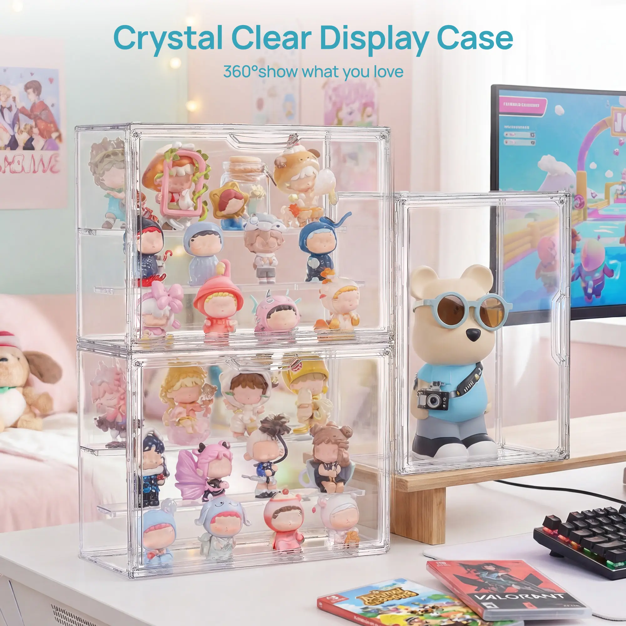 Vtopmart 2/4 Pack Clear Acrylic Display Case for Collectibles, with 2 Adjustable Divider and Magnetic Door, Stackable Box for Figures Perfume Collections Toys Cartoon Figurine, Water&Dust Proof
