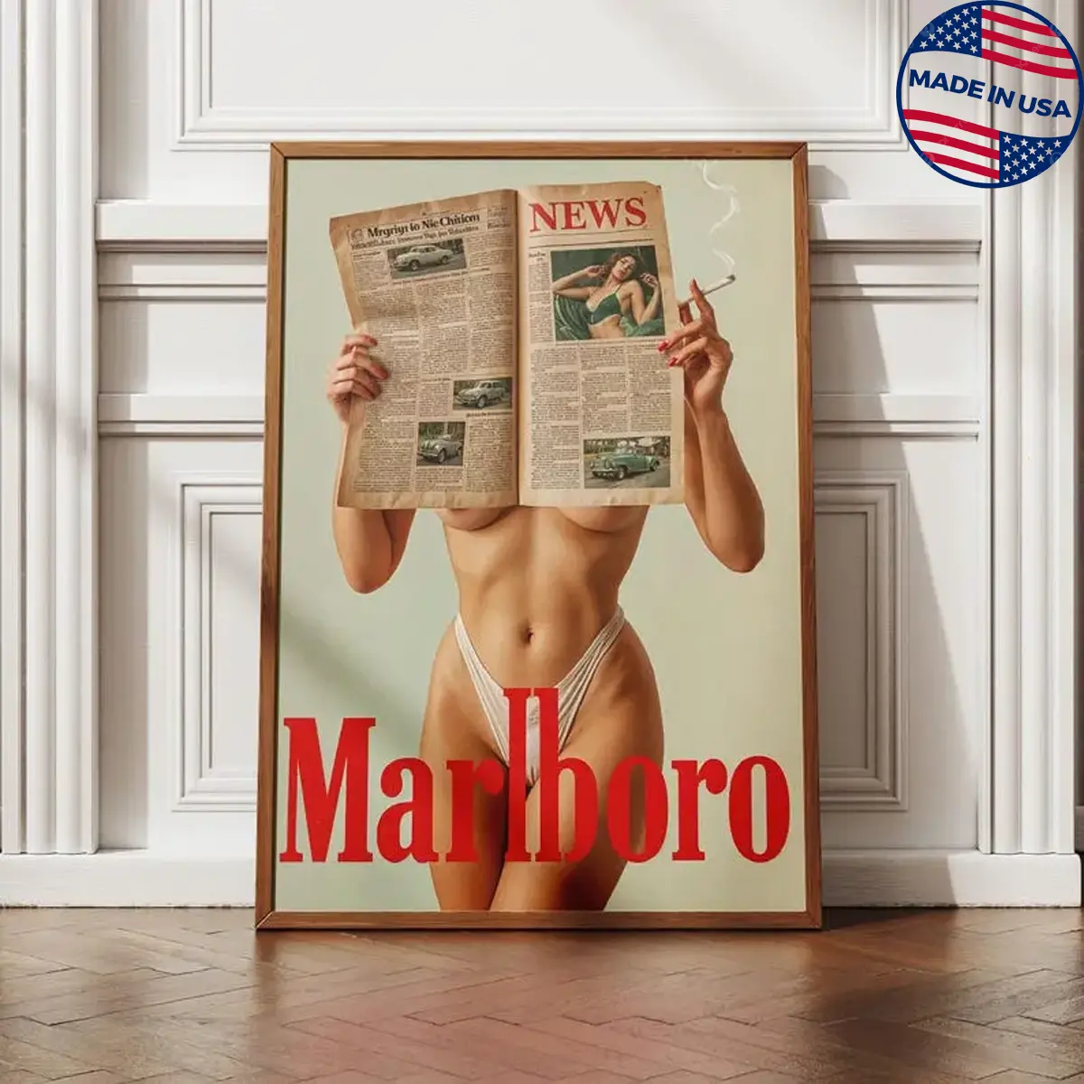[Canvas Material With Frame] Vintage Western Cigarette Wall Poster, Marlb0ro Model Bikini Poster, Perfect Gift For Your Living Space, Perfect Gift