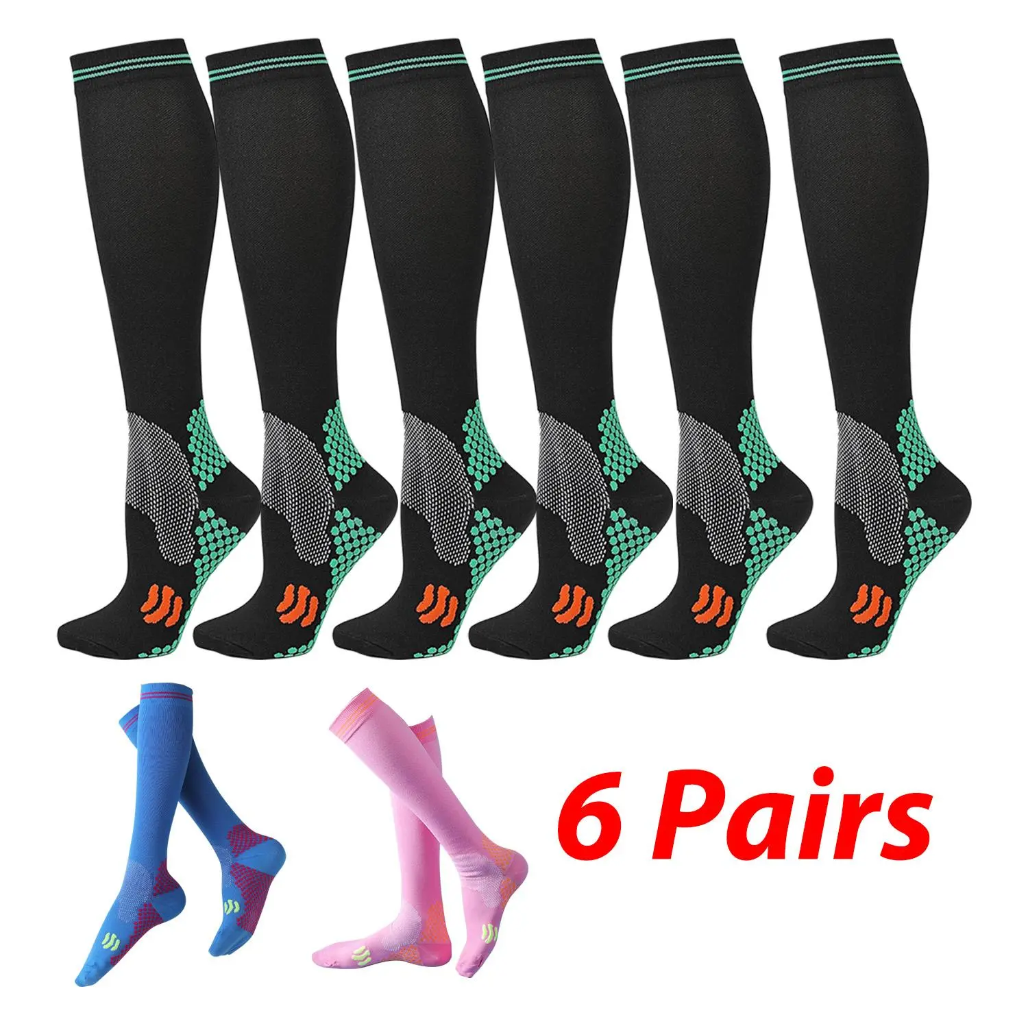 6 Pairs Compression Socks, Breathable Sport Socks for Running Jogging Cycling, Athletic Socks for Men & Women knee high