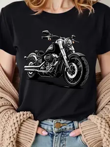 Women's Vintage Motorcycle T-Shirt - Retro Print Short Sleeve Round Neck Top, Breathable Motorcycle Enthusiast Apparel for Spring Summer Casual Wear, Suitable for All-Season Motorcycle Riding Outfits