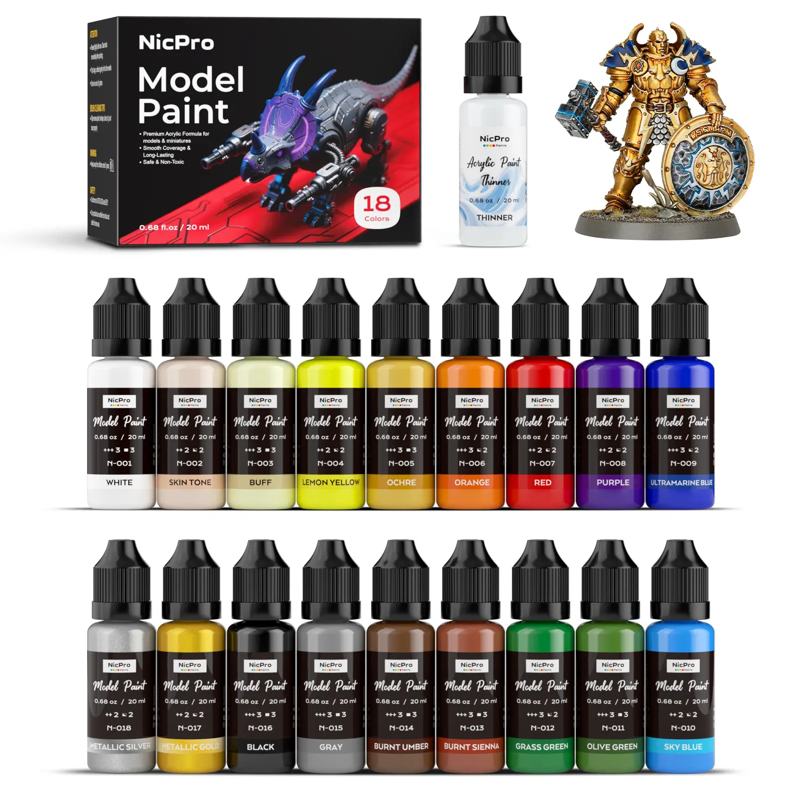 Nicpro Model Paint Set, 20ml Ready to Use Modeling Acrylic Paints, Brush & Airbrush Compatible, Miniature Paint Set for Beginners & Artists on Models, Figures, Crafts, Canvas, with 1 Thinner,back to school,back to school shopping