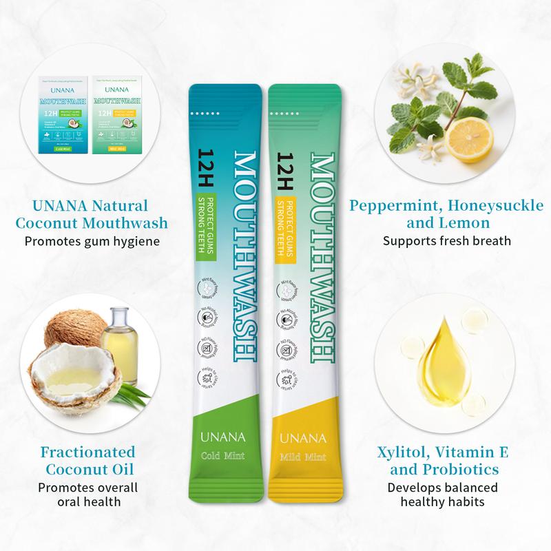 UNANA Natural Mouthwash Packets- Cold/Mild Mint Flavor, Alcohol-Free & Sugar-Free, 12hrs Protection for Strong Gums & Enhanced Breathing, Travel Size