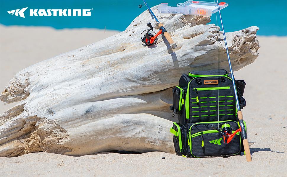 KastKing Bait Boss Fishing Tackle Backpack with Rod Holders, 4 Tackle Boxes, Waterproof Protective Rain Cover, 43L Large Storage Waterproof Tackle Boxes for Fishing, Camping, Hiking, Outdoor Sports