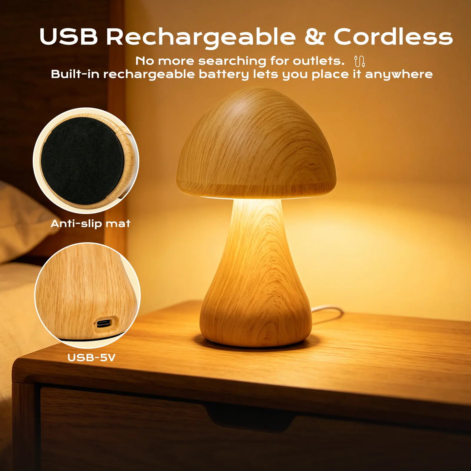 [Holiday Gift] Touch 3-Color Adjustable RGB Mushroom Desk Lamp - Rechargeable Vintage Cute LED Table Lamp for Bedroom Nightstand, Small Night Light, Living Room Home Decor