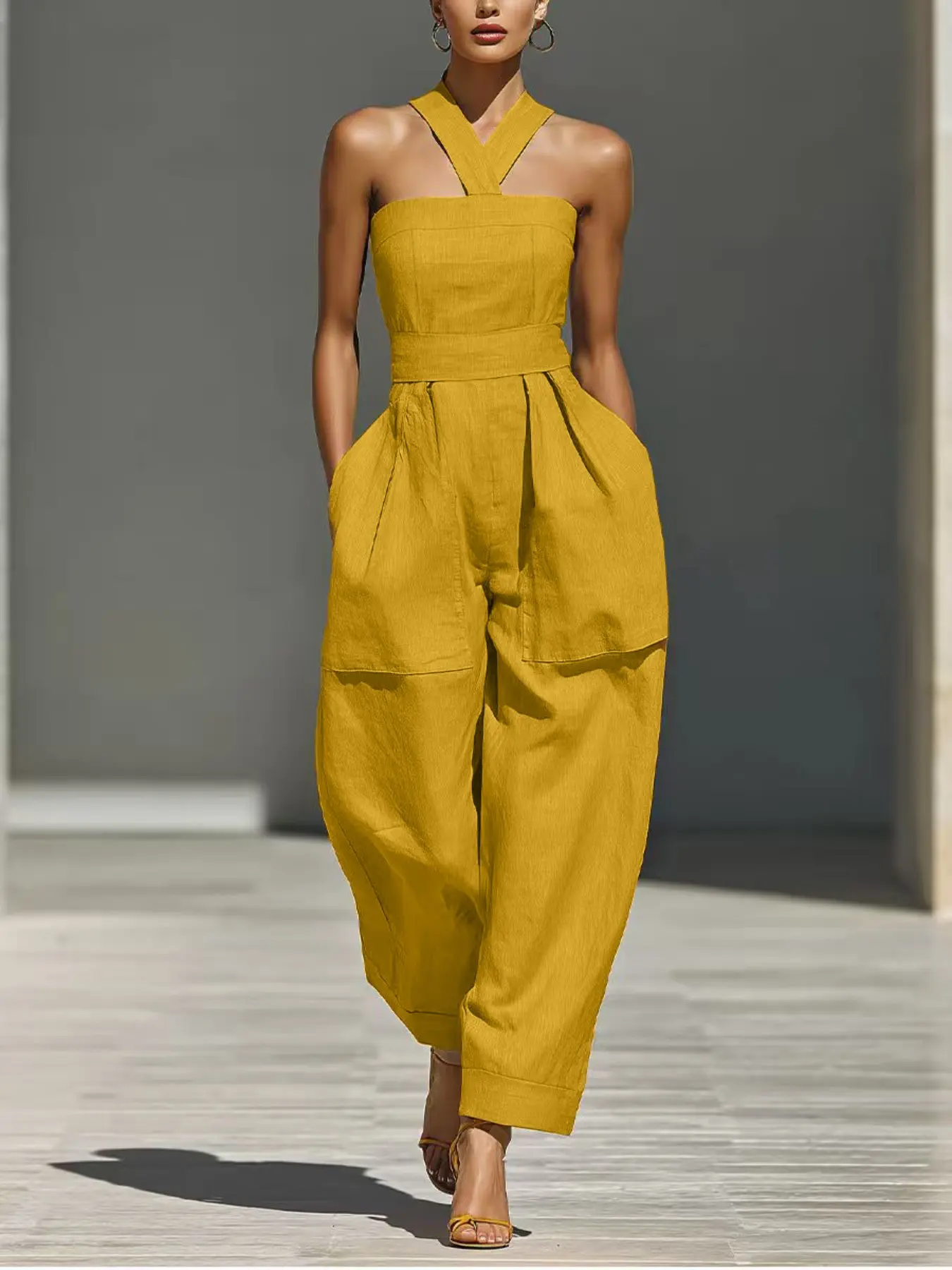 2026 Spring & Summer New Women's Solid Color Basic Tank High Waist Cuffed Jumpsuits, Fashionable Casual Daily Wear