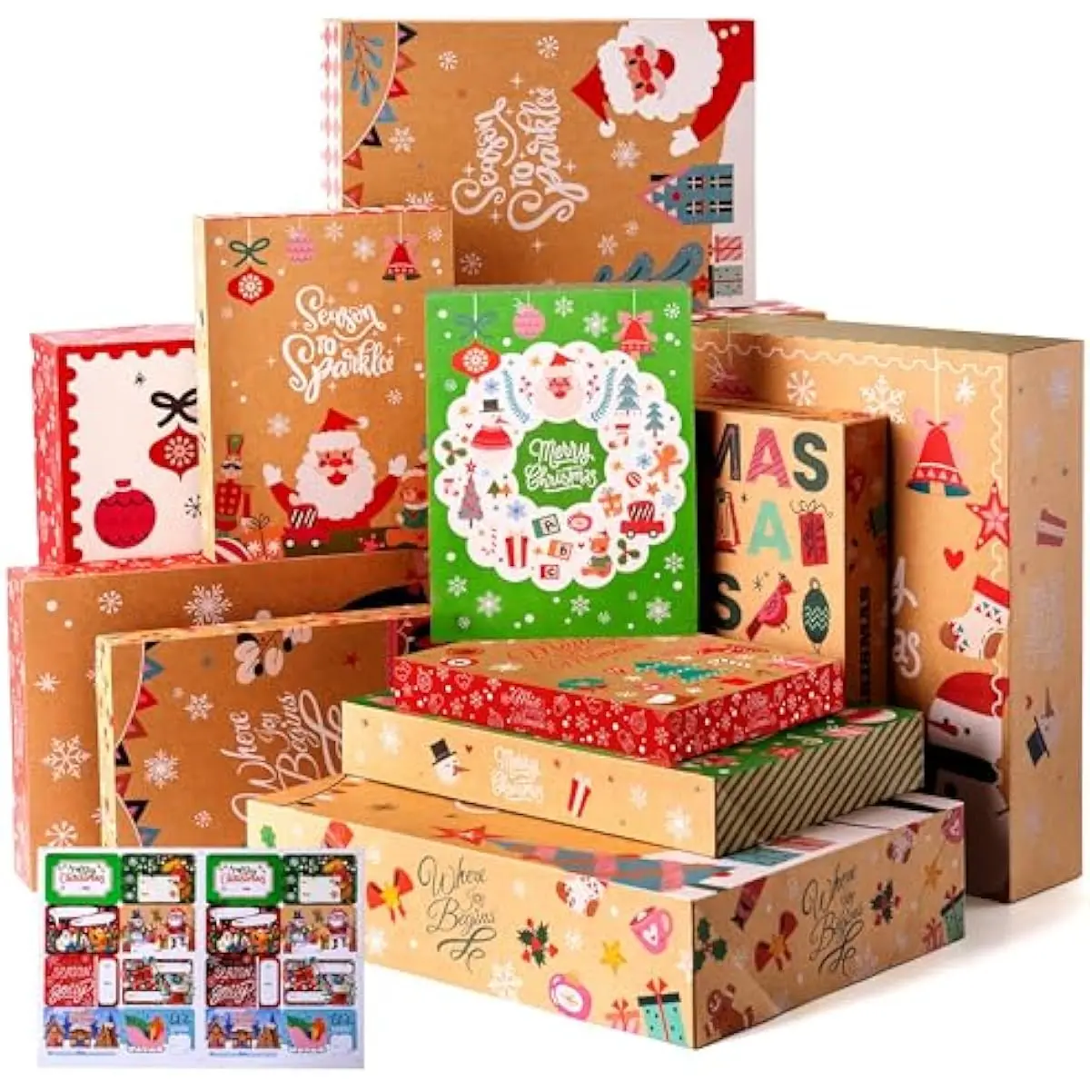 JOYIN 12 PCS Christmas Shirt Gift Boxes with Lids for Presents, Large Robe Cardboard Boxes, Xmas Classic Decorative Box for Clothes, Birthday Holiday Wedding Gift Wrapping Decor, Hat, Sweater and Coat