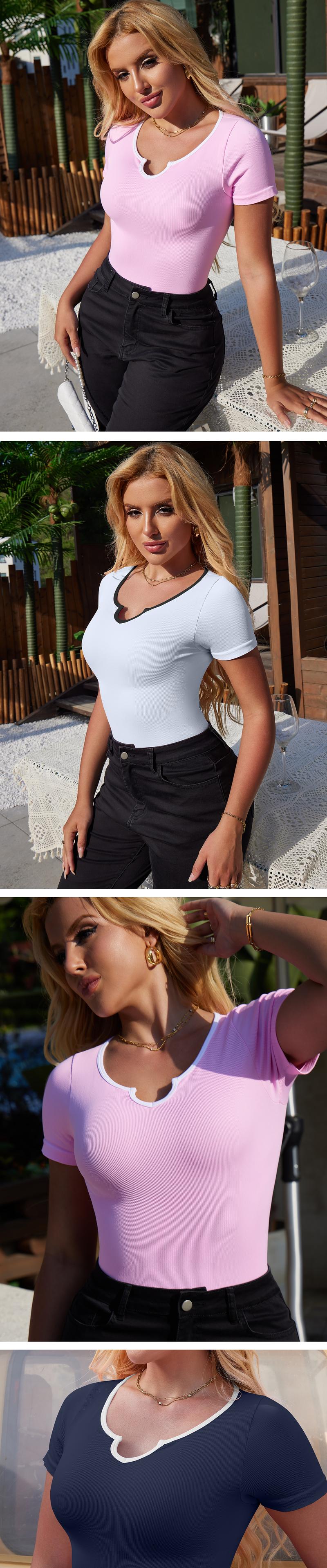 OQQ Womens Bodysuit Women'S Shirt V Neck Ribbed Short Sleeve Tops Bodysuits Streetwear Sexy Bodycon Jumpsuits Shortsleeve