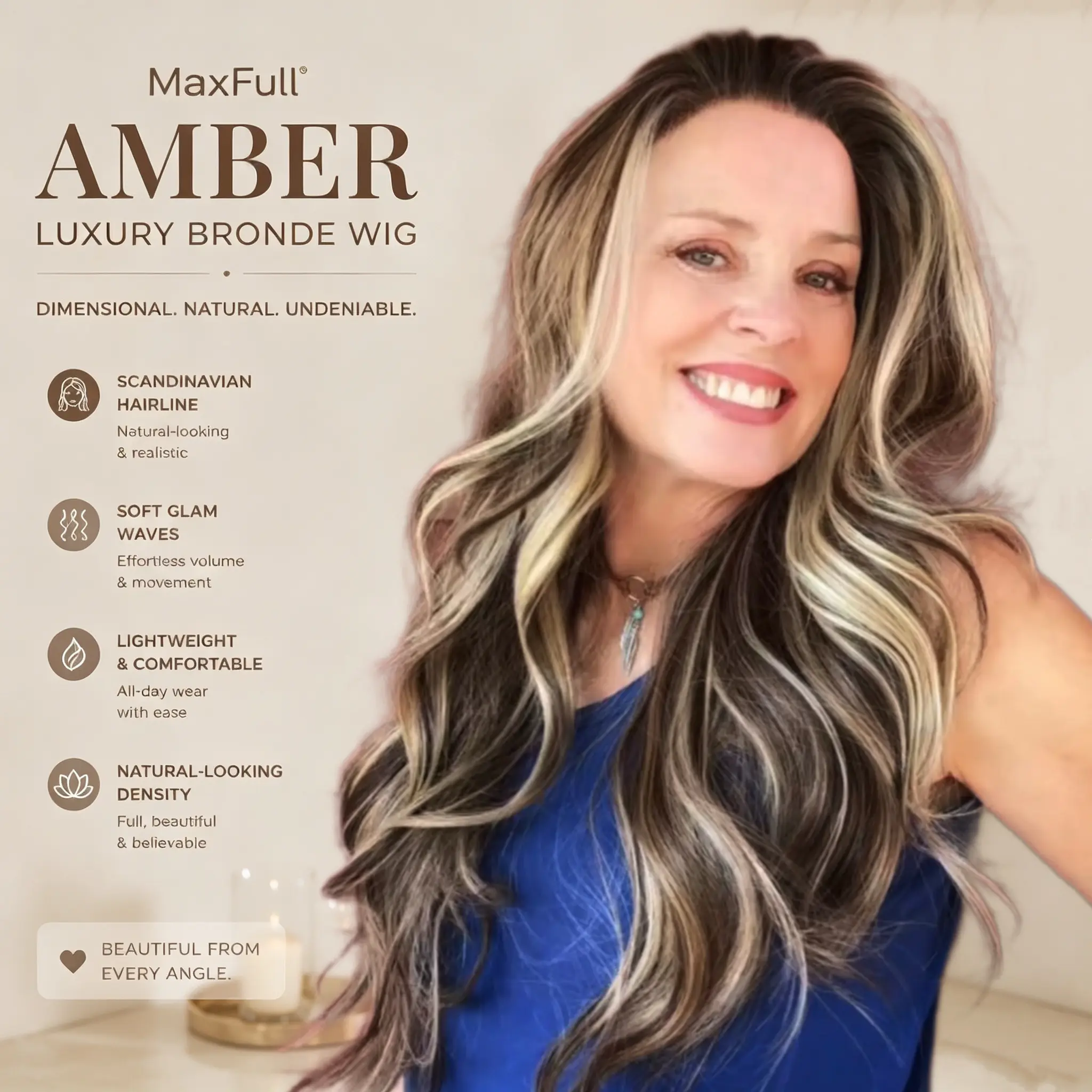 Amber - MaxFull Creamy Blonde Highlights Wig | 22" Dimensional Bronde, Pre-Cut 13×5 Skin-Melt HD Lace Front, Scandinavian Hairline & Built-In Faux Scalp, Soft Glam Waves, Tangle-Resistant, Lightweight, Beginner-Friendly Glueless Synthetic Everyday Wig