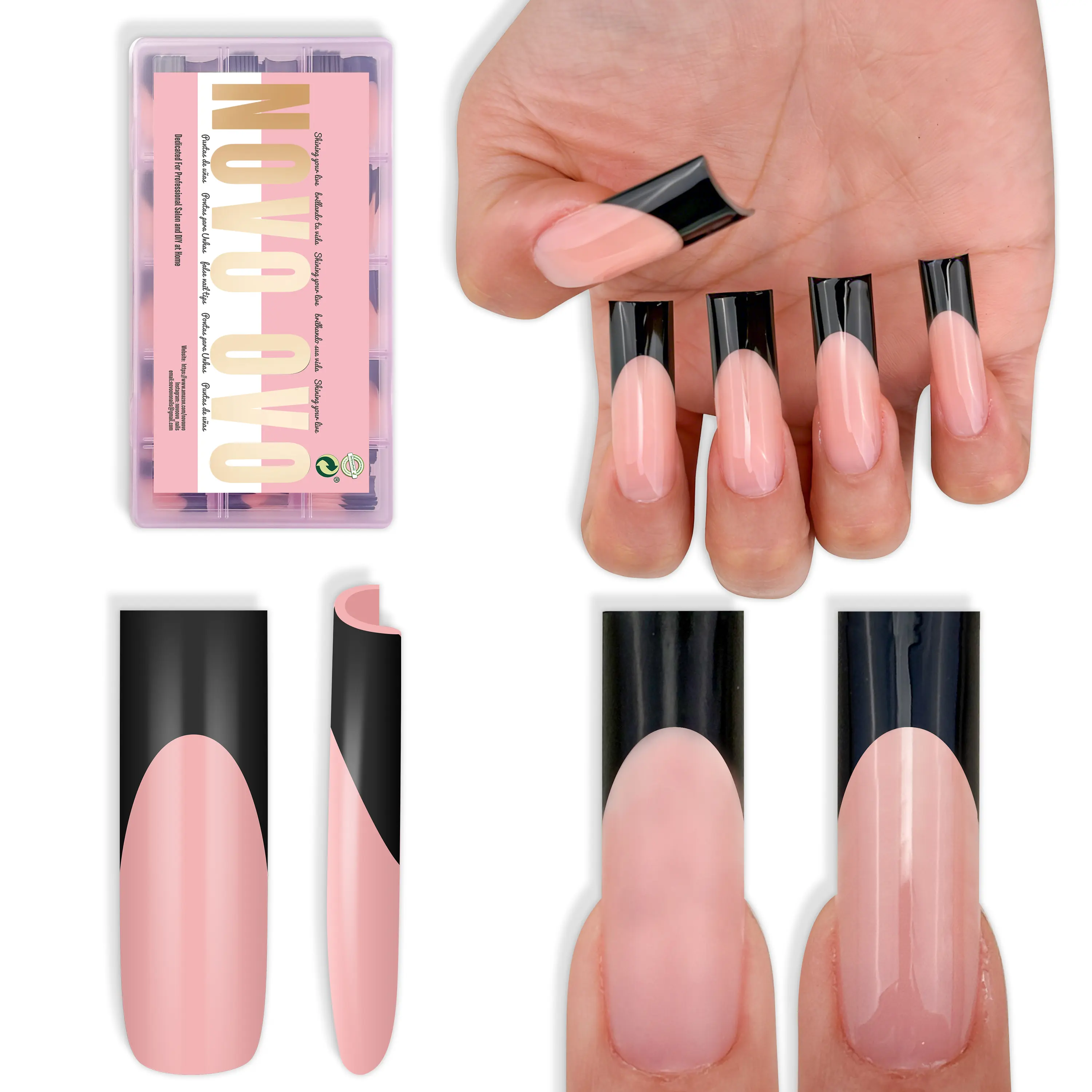 Long Sharp Square Black French Tip Baby Pink