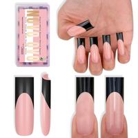 Long Sharp Square Black French Tip Baby Pink