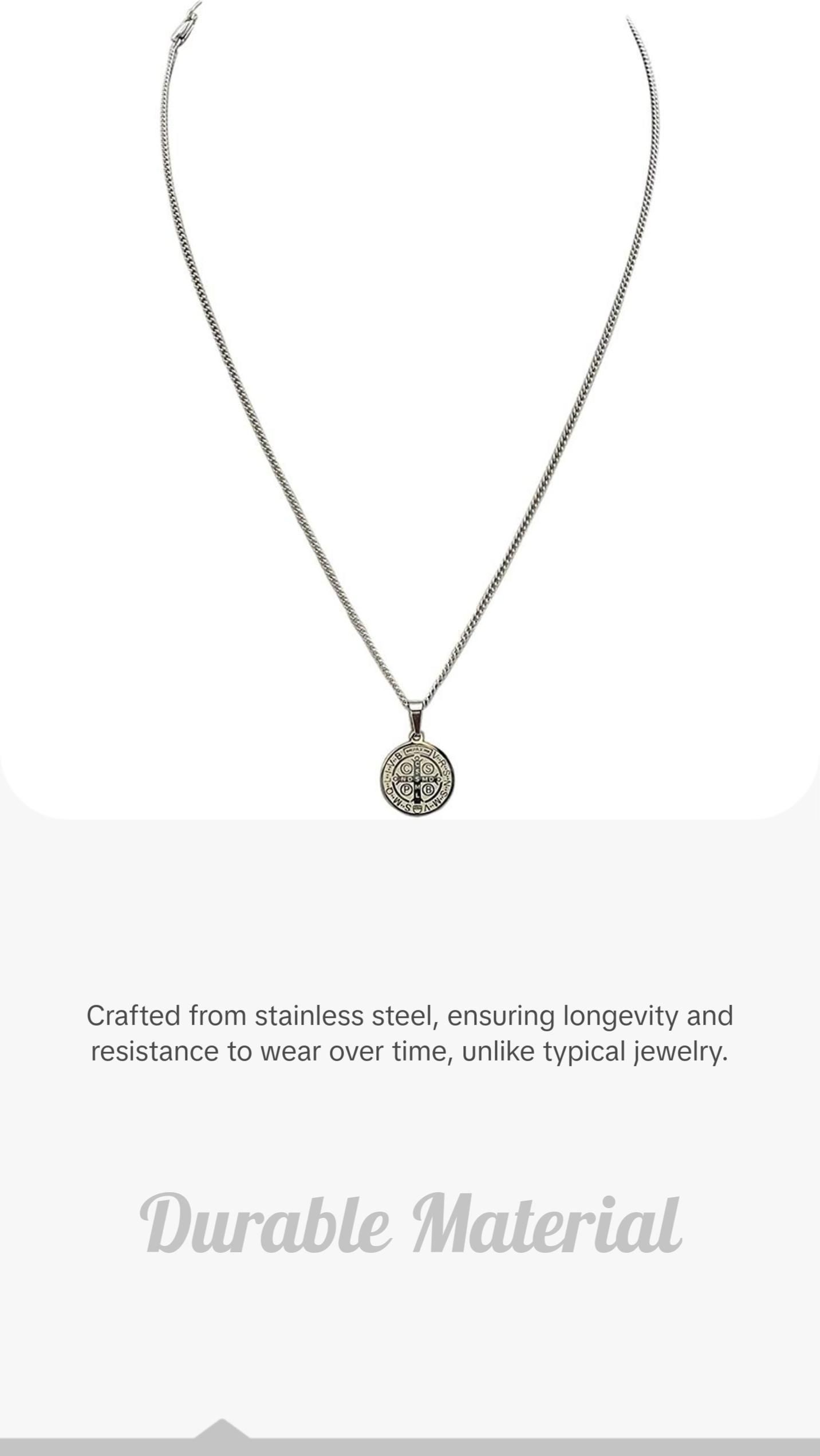 Stainless Steel Saint Benedict Double Sided Medallion Pendant On Sterling Silver Made In Italy Chain Necklace (Cable Chain, 18")