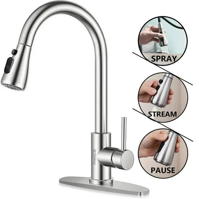SummerVibes 1x Faucet for Kitchen Sink, High Arc Single Handle Pull Down Sprayer, Brushed Nickel Stainless Steel Body, Single-Hole Setup, Ceramic Valve Seal, Hot & Cold Durable Kitchen Taps, Kitchen Sink Faucets