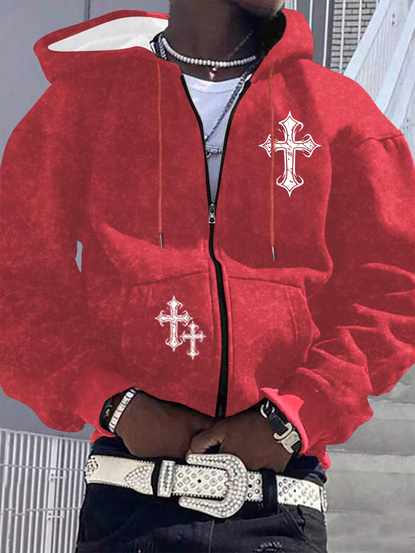 Spring and Autumn New Men's Jacket Cross Printed Pattern Zip Pocket Regular Large Size Travel Holiday Outdoor Camping Men's Top Clothes