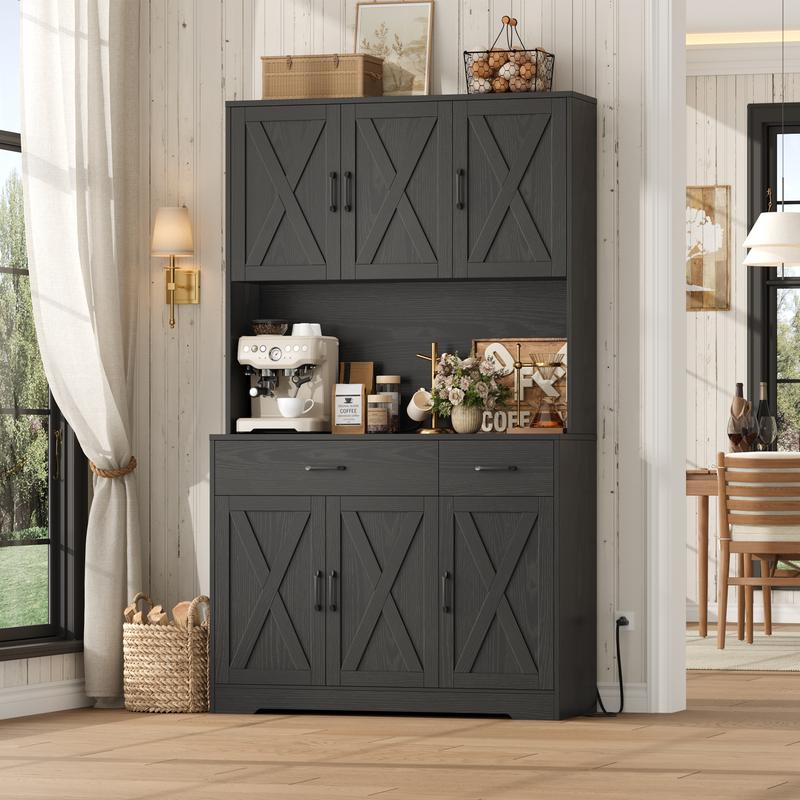 【2 packages shipping】HOSTACK 71" Tall Kitchen Pantry Storage Cabinet, Coffee Bar Cabinet with Charging Station,  Microwave Stand, Storage Drawers, Adjustable Shelves, 6 Doors