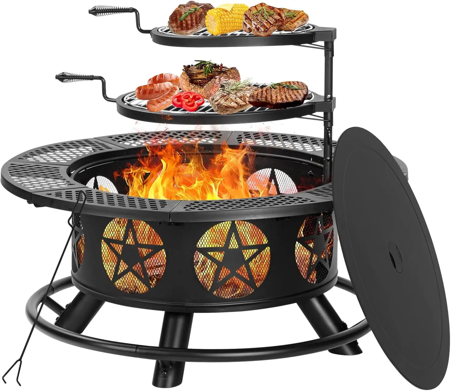 Outvue 36/42 Inch Heavy-Duty Metal 3 In 1 Round Fire Pit Set - Wood Burning, 2 Cooking Grills, 1 Lid & Poker, Outdoor Safe BBQ Table for Patio Gatherings, Adult Outdoor Use, Friends