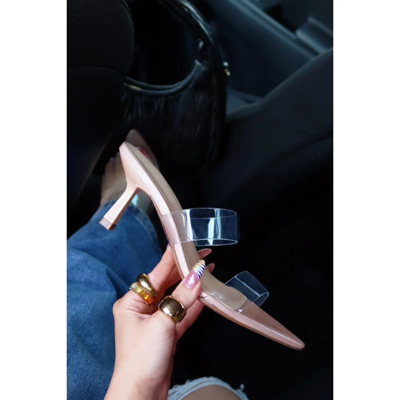 Hayley Clear Strap Mid Heel Mules - Nude