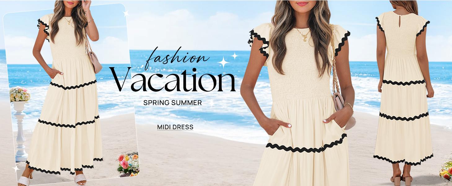 ZESICA Women's Summer Flutter Short Sleeve Smocked Midi Dress Casual High Waist Rickrack Tiered Flowy Dresses