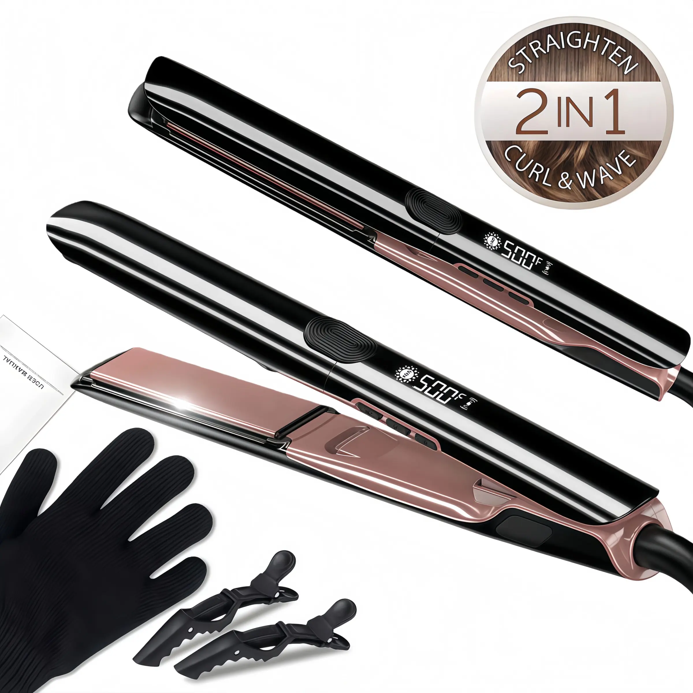 1PC 2-in-one titanium hair straightener, curling iron, Hair styling tool, multifunctional styling, improves frizzy hair, fast PTC heating for all hair types, 260℃ LCD display heating plates, with anti-scald glove and 2 hair clips