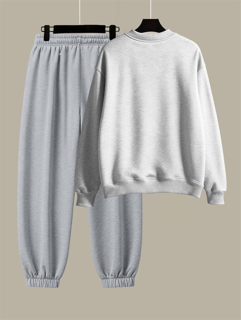 Men's Cotton Solid Color Casual Tracksuit Set Loose Fit Crew Neck Sweatshirt with Matching Jogger Pants for Fall Winter Comfortable Menswear Outfit for Outdoor Activities Sporty Commute Fitness and Relaxed Everyday Wear